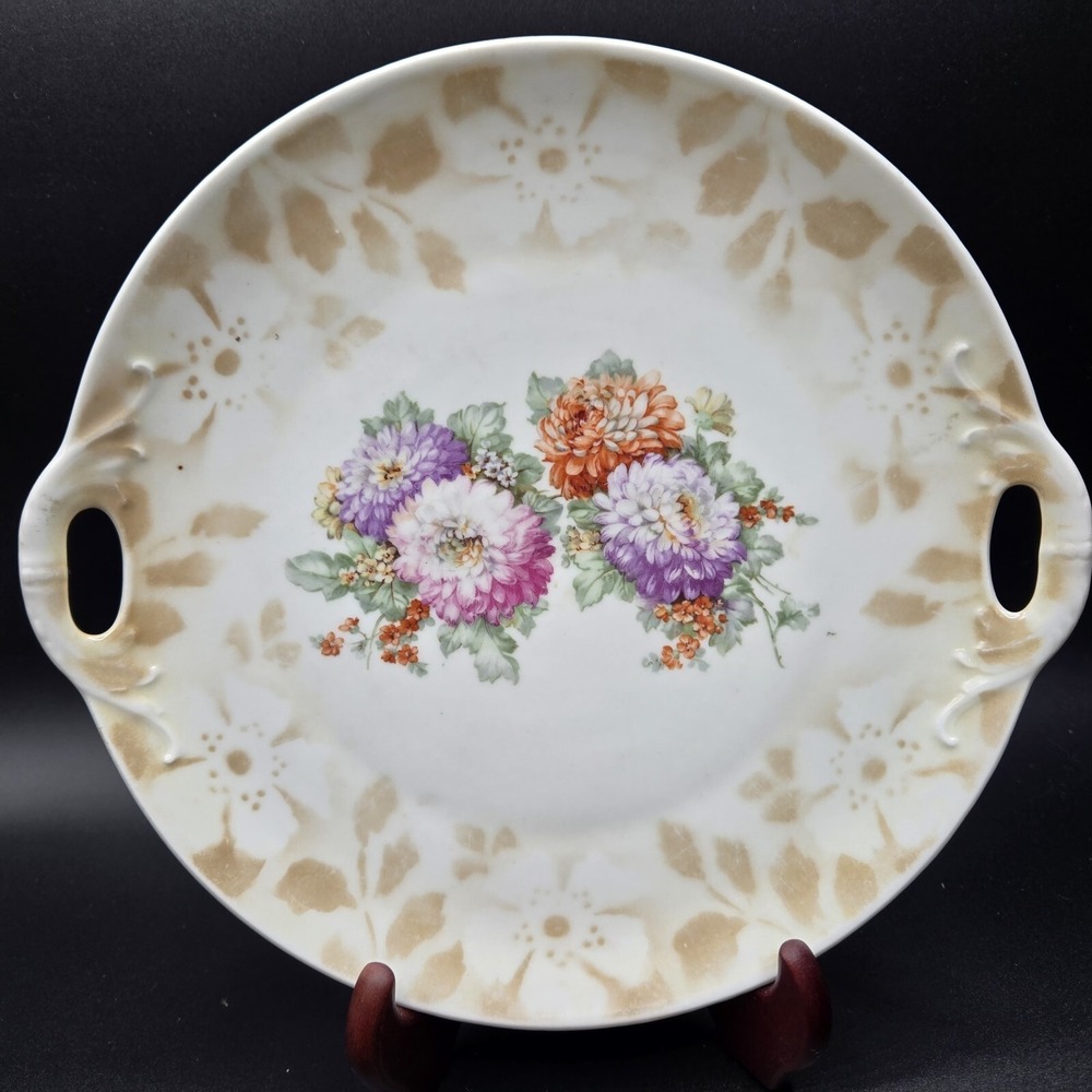 Beautiful Handled Serving Platter Hand-painted with Flowers Marked Germany #286